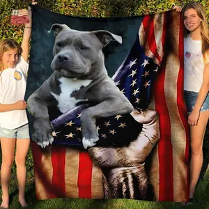 Grey Pitbull American Flag Fleece Blanket, Premium Sherpa Blanket, Pitbull Blanket, Pitbull Quilt, Dog Blanket, US Flag Blanket