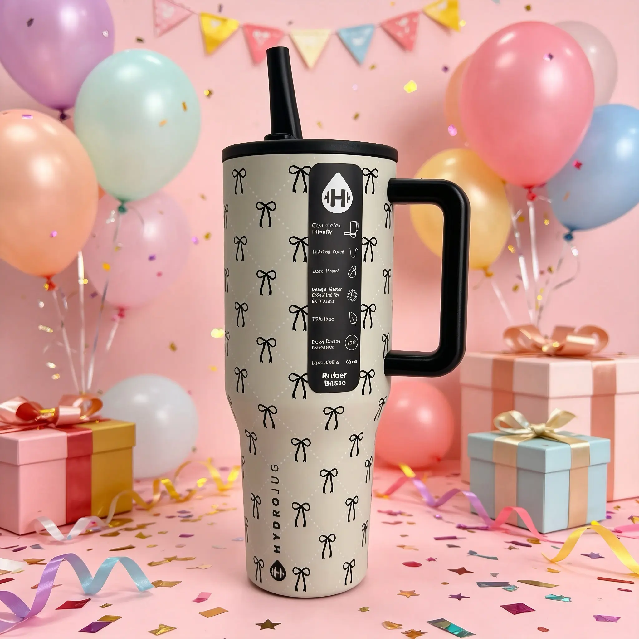 Stylish HydroJug 40oz Black Bow Print Insulated Stainless Steel Tumbler - Leak-Proof, Handle-Equipped, Car Cup Friendly Drinkware for Office/Gym Hydration