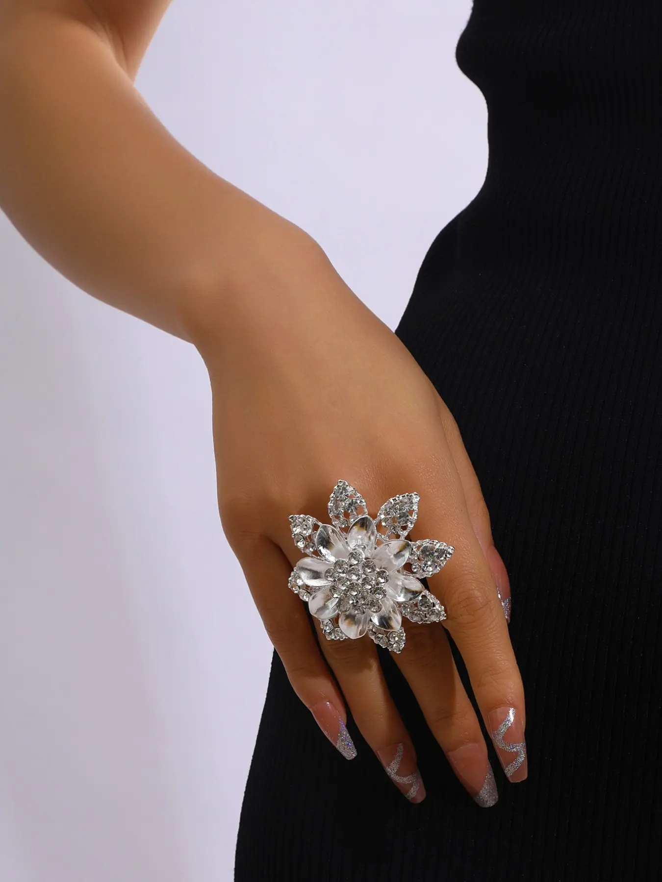 Elegant Lotus Flower Rhinestone Ring, Exaggerated Large Floral Crystal Finger Ring, Vintage Court Style Party Accessory