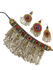 Multicolor Afghani Tribal Jewelry Set for Women – Handmade Kuchi Choker Necklace & Earrings – Festival Boho Ethnic Jewelry – 300g – Adjustable Fit