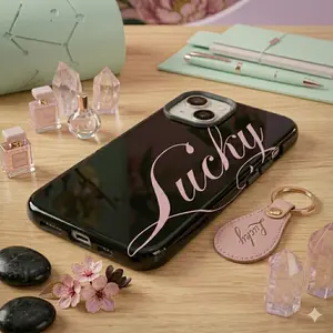 Lucky Phone Case - Pink Aesthetic Text on Black Tough Case - Protective Shockproof Cover for iPhone 17 16 15 14 13 12 11 Pro Max Plus - Cute Personalized Gift for Her