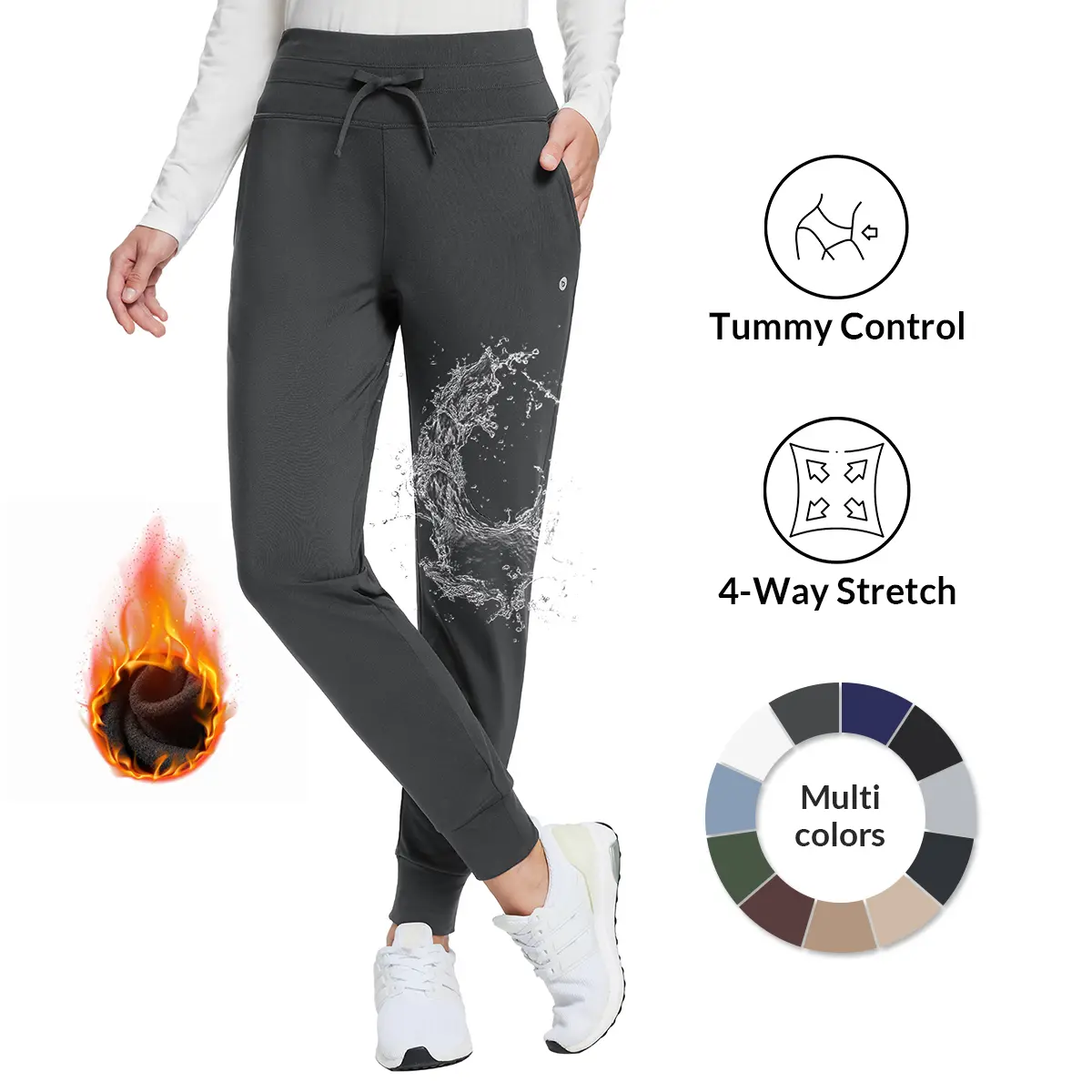 Baleaf Women's 28" Fleece-Lined Water-Resistant High-Waisted Thermal Joggers, Adjustable String Athletic Knit Sports Joggers with Pockets for Winter Running, Hiking, Lounge, Adjustable String Women's Sports Joggers, Athletic Knit Women's Sports Joggers