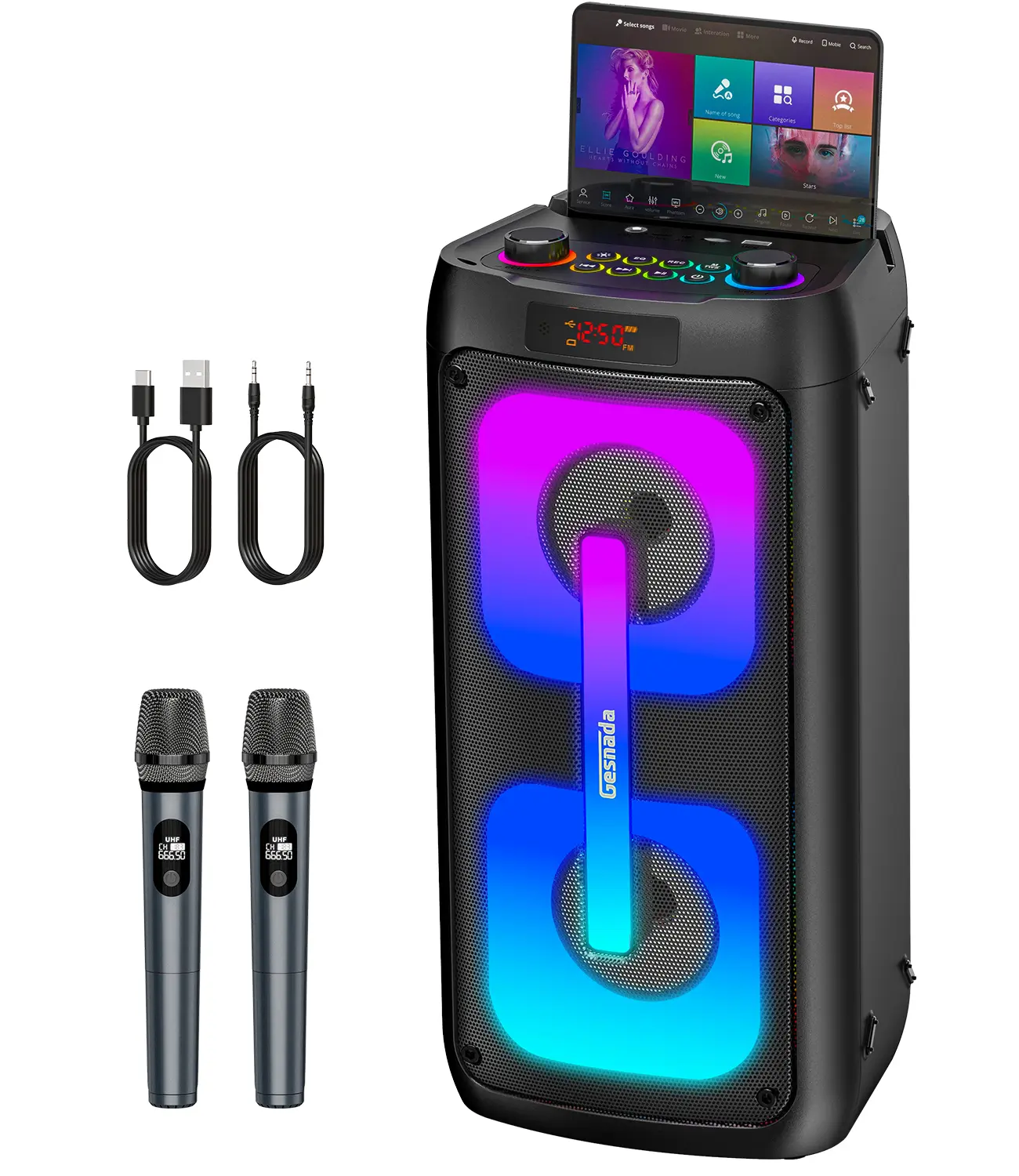 Portable Bluetooth Karaoke Machine with 2 Wireless Microphones, Rechargeable Stereo Audio Speaker, PA System with Disco Lights for Big Parties, Outdoor Use, Ideal Gift for Music Lovers (Compatible with Smartphones)