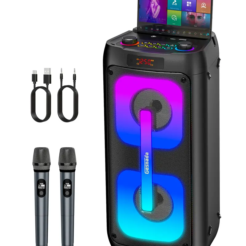 Portable Bluetooth Karaoke Machine with 2 Wireless Microphones, Rechargeable Stereo Audio Speaker, PA System with Disco Lights for Big Parties, Outdoor Use, Ideal Gift for Music Lovers (Compatible with Smartphones)