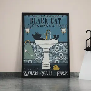 Black Cat Wash Your Paws Poster, Bathroom Decoration Print, Animal Picture Vintage Wall Art, Toilet Restroom Home Decor, Black Cat Sink Wash
