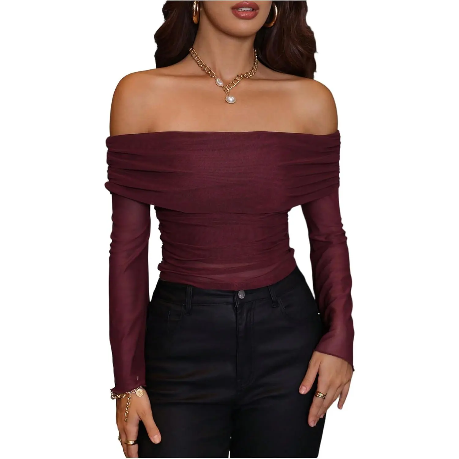 Women's Wear BEAUDRM Women's Off The Shoulder Tops Y2k Mesh Ruched Foldover Fall Tops Going Out Crop Tee