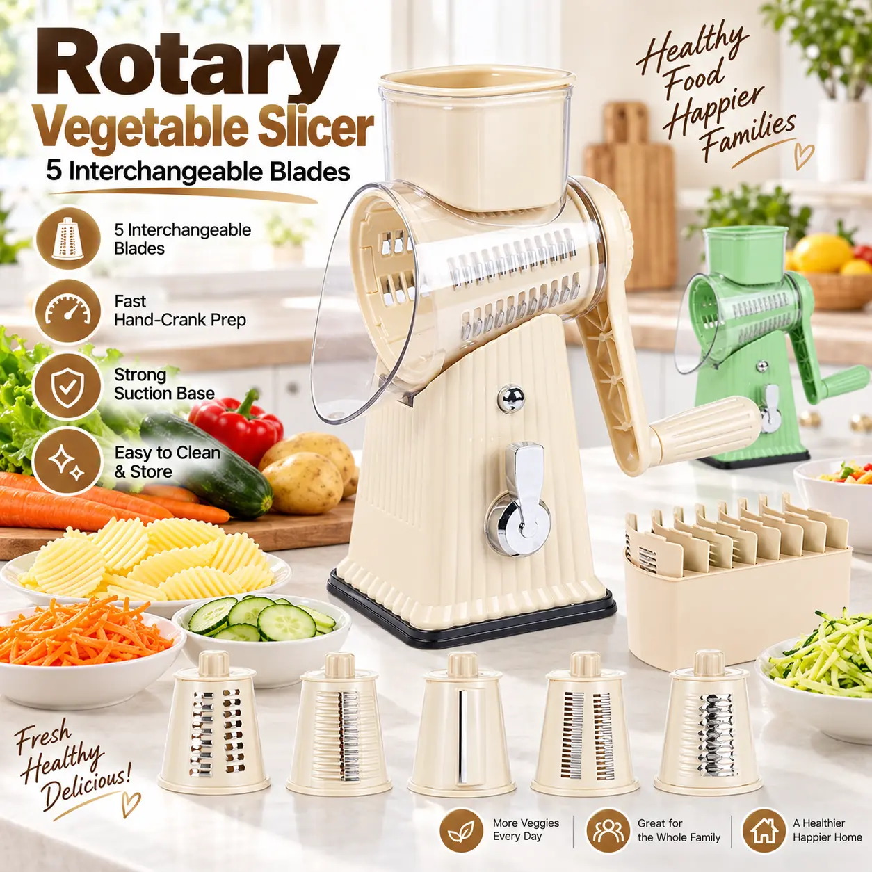 5-Blade Rotary Cheese Grater, Manual Hand Crank Vegetable Slicer & Shredder with Stainless Steel Blades, Multifunctional Kitchen Cutter for Cheese, Carrot, Potato, Cucumber, Strong Suction Base