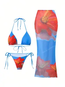 2026 Summer Best-Selling Printed Floral Bikini Three-Piece Swimsuit – Triangle Bikini Set with Sheer Long Cover-Up Skirt, a Sexy Three-Piece Outfit Perfect for Pool Parties and Beach Vacations
