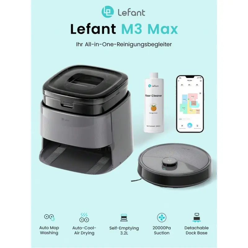 Lefant M3 Max(M3 Upgraded Version) Robot Vacuum Mop Combo, 20000Pa Ultra Suction, Self-Empty Station, Auto Mop Wash Dry, Anti-Hair Brush, Smart Mapping, Wi-Fi/App/Voice Control, Perfect For Pet Hair & Large Homes, Christmas Gift