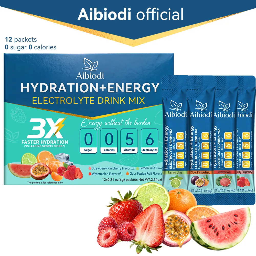 【New】Aibiodi Electrolyte Powder Sticks Hydration Drink Mix Sugar-No Artificial Colors Free Fruit Flavors 6 Essential Vitamins Minerals for Active Lifestyles