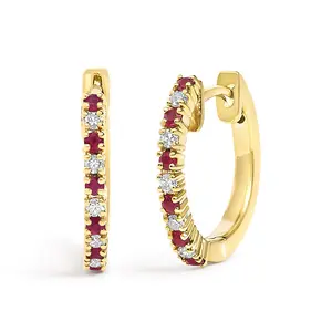 10K Gold Alternating Diamond and Red Ruby Huggy Hoop Earrings