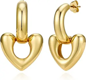 Cicy Bell Heart Earrings for Women 18k Gold Plated Trendy Chunky Luxurious Glossy Statement Drop Earrings with 3D Heart Design for Gifts