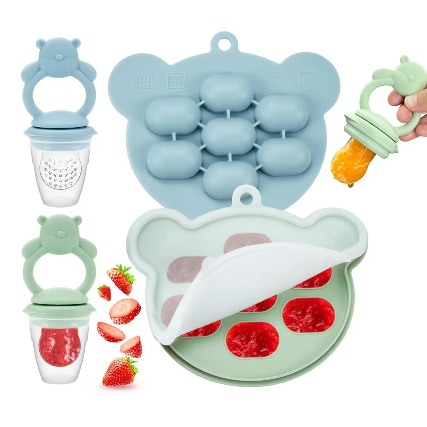 Cartoon Bear Design Pacifier with Ice Cube Tray, 2 Counts/set Baby Fruit & Vegetable Feeder & Ice Mold, Silicone Baby Fruit Bite Tool