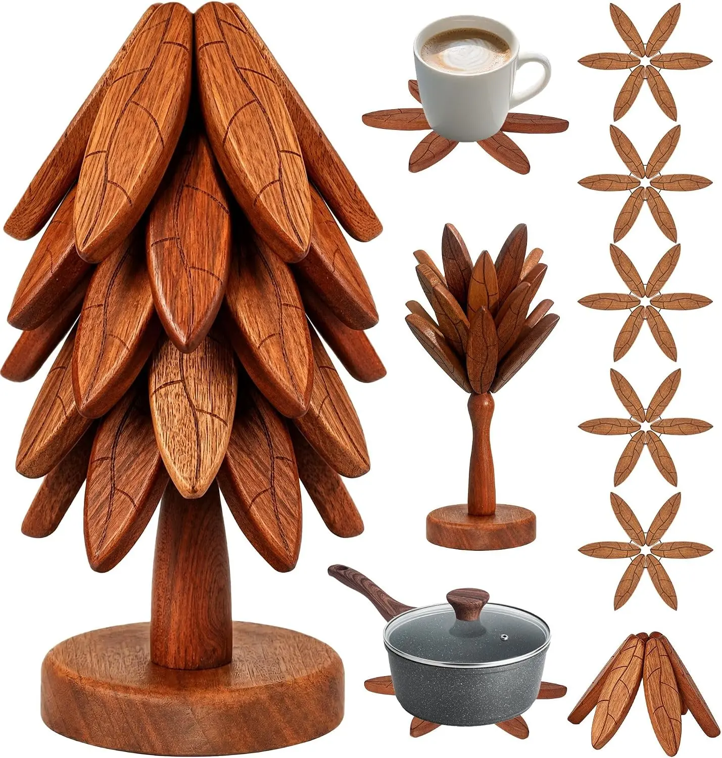 Wooden Trivet Coasters Set - 5/4 PCs Dark Wood Tableware for Hot Dishes, Pans, Bowls, Teapots - Easy Storage, Multifunctional Kitchen Ornaments