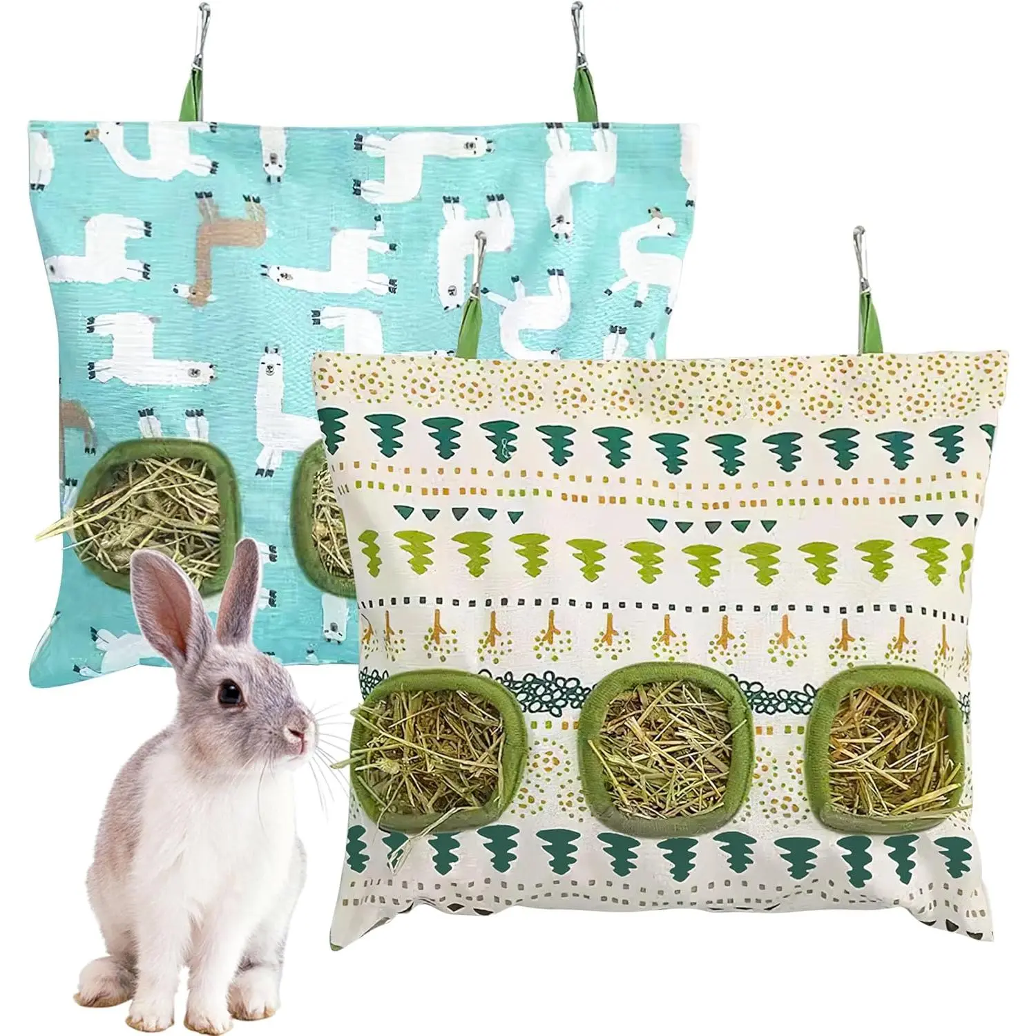 2 count Bunny hay Feeder Hanging Guinea Pig  Bag Large Capacity Cotton Canvas Fabric for Rabbits Chinchillas Hamsters and Other Small Pets 3 Holes 2 Styles