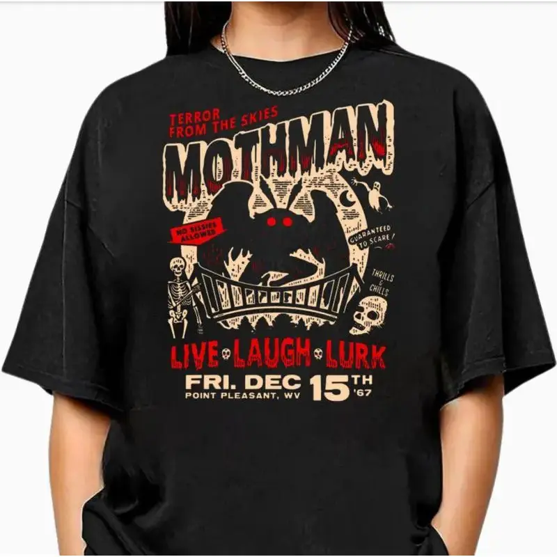 180g[100%cotton]Spooky Mothman Spookshow T-Shirt, Halloween Graphic Tee for Men Women, Cotton Classic Shirt, Retro Horror Fans