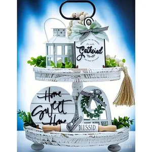 16-Piece Rustic Kitchen Decor Set with Lantern, Artificial Greenery & Wooden Sign for Tiered Trays - Farmhouse Style Home Accents - Reusable Seasonal Display Accessories - Easy-to-Style Tabletop Decor