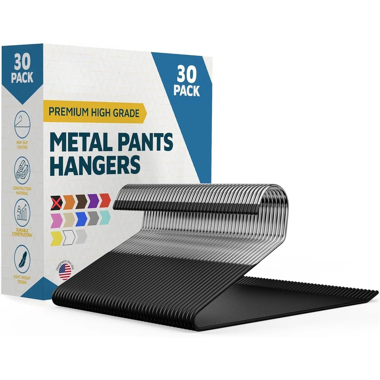 30-Pack Metal Pants Hangers, Non-Slip Rubber Coated Open-Ended Room Accessories, Space-Saving Black Wardrobe Organiser for Pants, Blankets