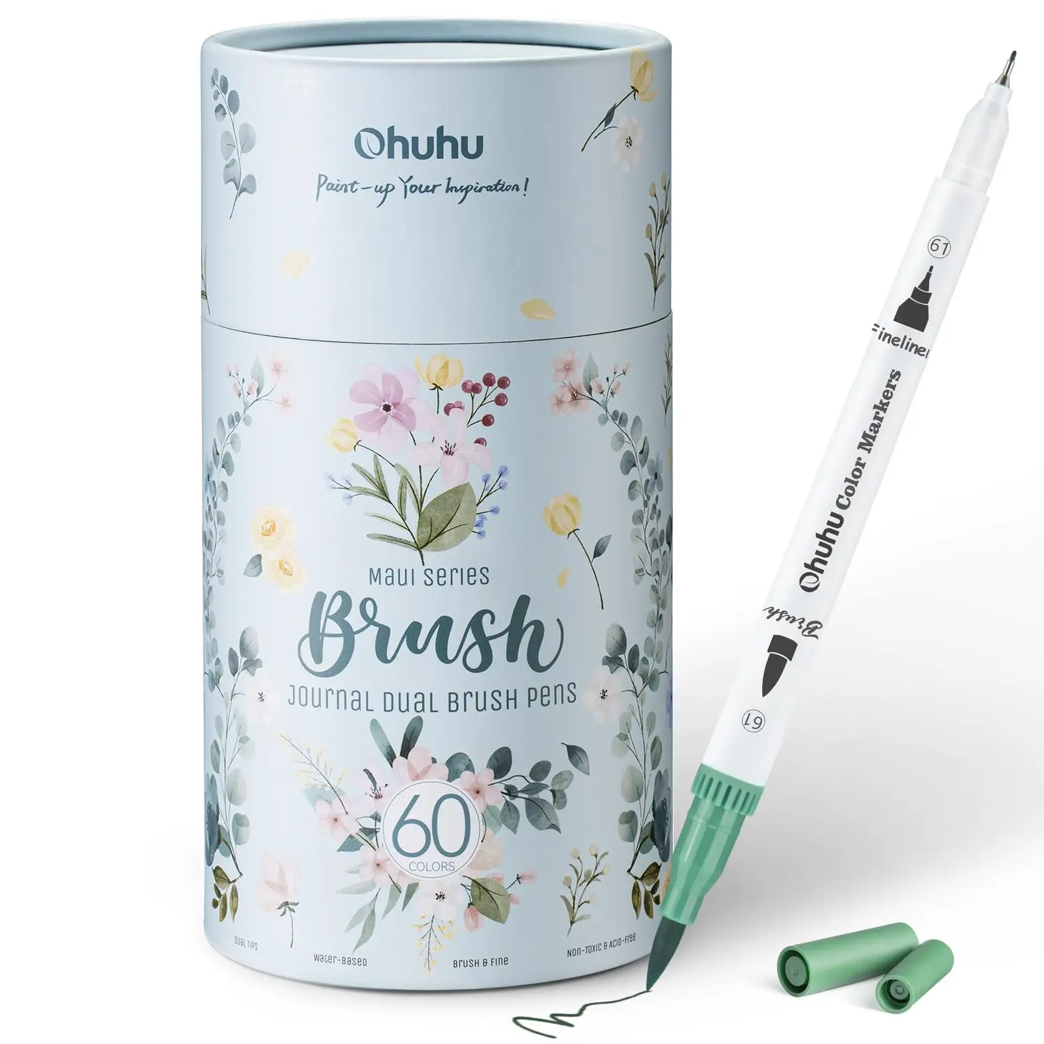 Ohuhu Markers: Fineliner & Brush - 60 Colors - No Bleeding Coloring Markers - Water-based Dual Tips Drawing Pens Art Pens for Kids Adults Sketch Journal - White - Maui Series of Ohuhu