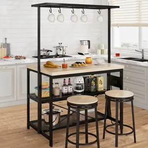 【GARVEE】Kitchen Island with Storage, Bakers Rack with Power Outlet, Island Table for Kitchen,3 Tier Microwave Stand Oven Shelf,Large Coffee Bar Table, Storage Shelf for Kitchen Dining Room Living Room,5 Hooks