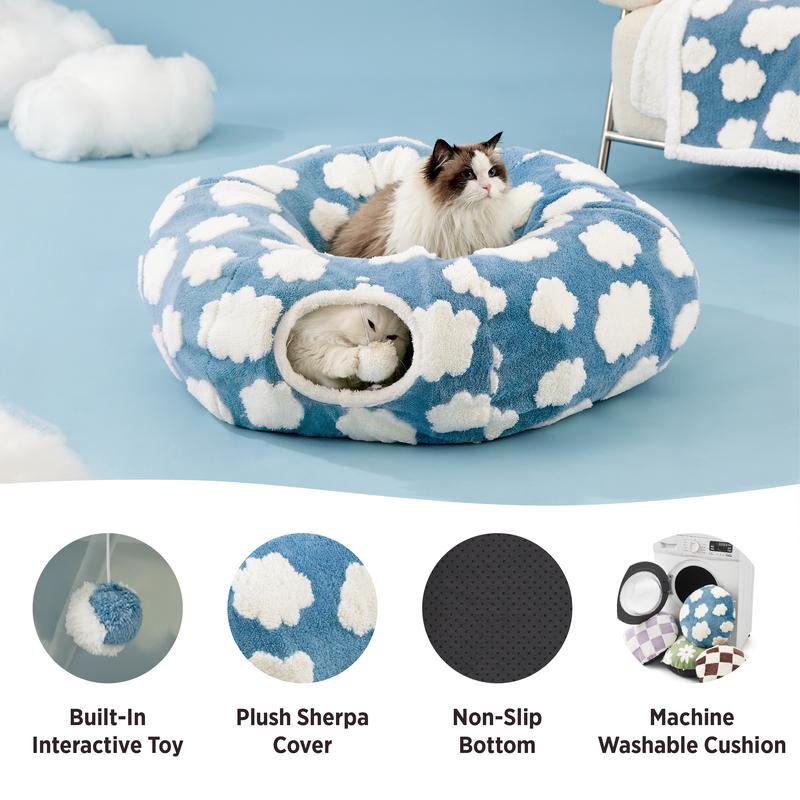 Lesure Cat Tunnel Bed for Indoor Cats - Warm&Cozy Cute Cat Donut Tunnel with Washable Circle Cushion, Under Christmas Tree, Round Pet Play Tunnel Toy for Kitten/Puppy/Rabbit, Peekaboo Cave Toy, Cool Cat Stuff, Perfect for Autumn & Winter Calming