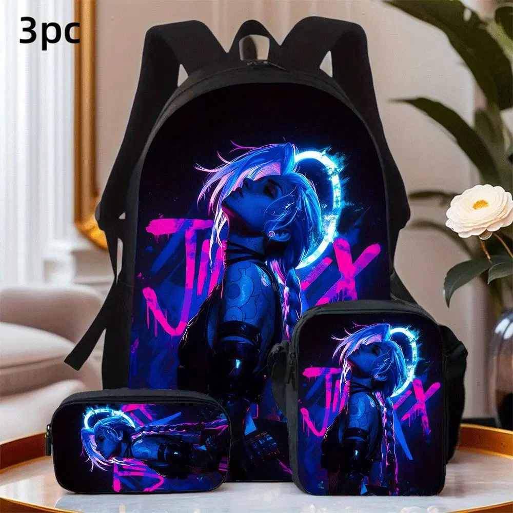 Durable Water Resistant 3-Piece Backpack Set for Kids, Lightweight School Bag with Lunch Box, Featuring Neon Purple-Blue Cyber Jinx Graffiti Full-Print, Dark Glow Halo Background for League of Legends Arcane Fans Daily School & Casual Use