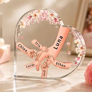 Personalized Acrylic Heart Family Hands Plaque Custom Parent Name And 1 To 10 Kids Names Floral Clear Desk Sign Family Keepsake Gift For Parents Gift For Mom Gift For Dad Fathers Day Gift Room Decor Home Decor