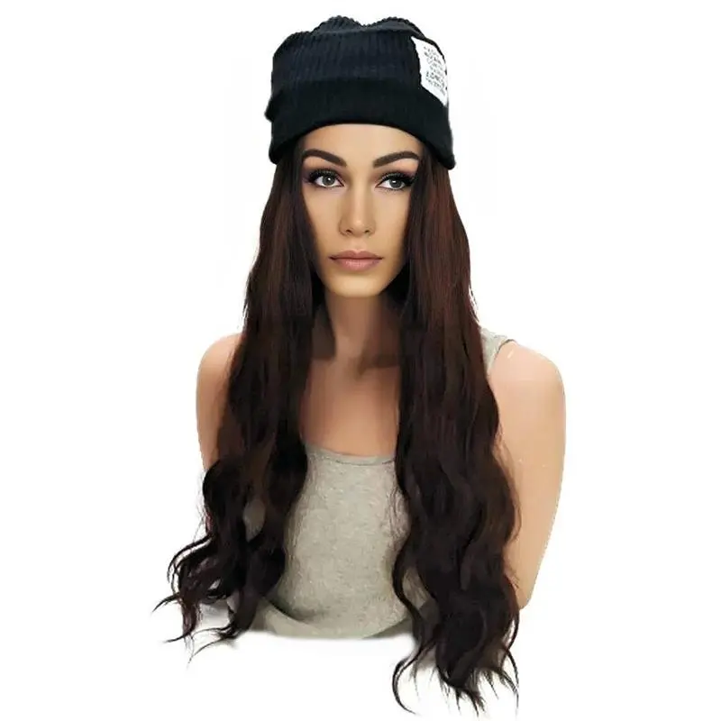 Hat with Hair Attached Slouchy Winter Knit Beanie Cap for Women, Wig Hat with Hair (Auburn Brown) - Synthetic Long Wavy Hair Design