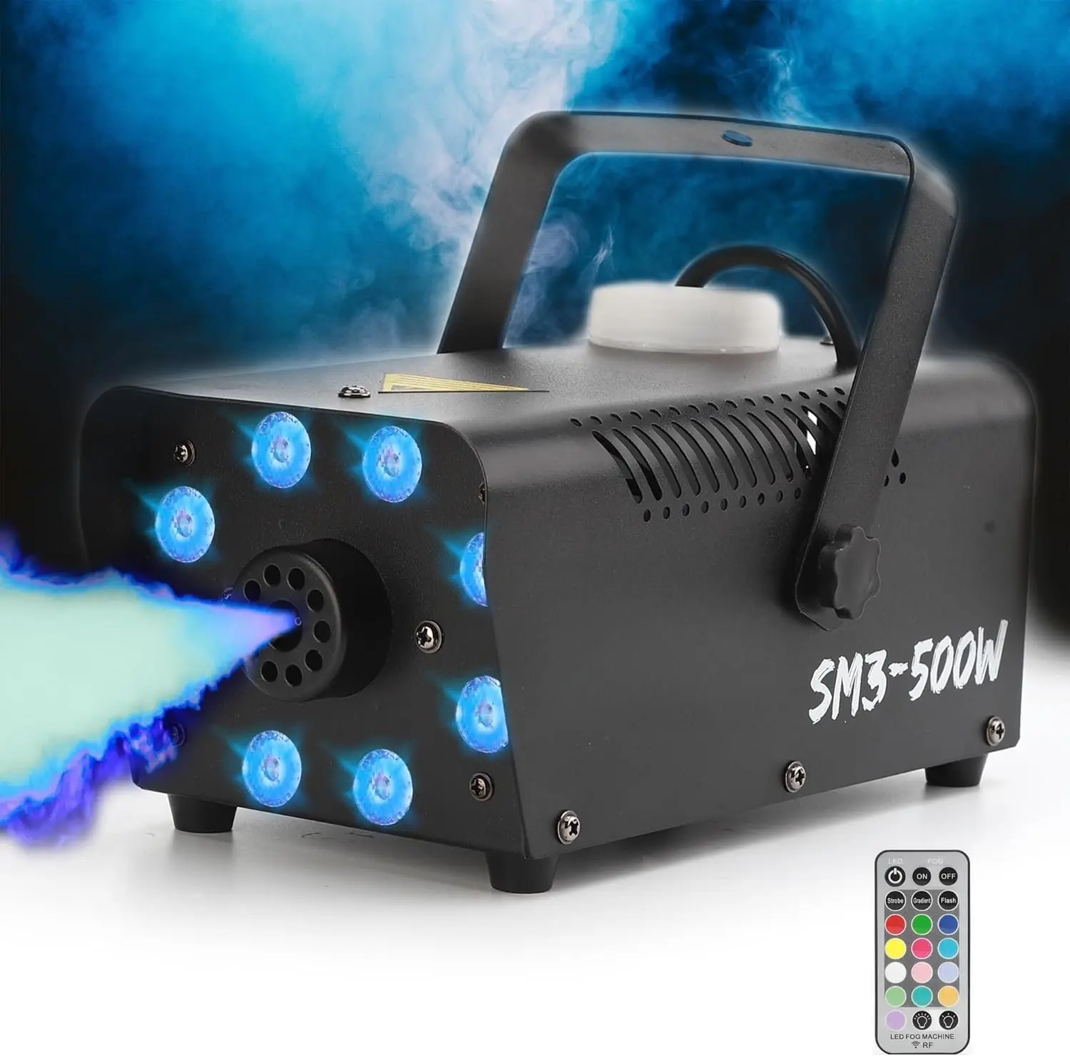 500W Mini Fog Machine with 13 Colorful Lights, 2500CFM Output, Remote Control, Auto Mode, Fuse Protection, Portable Party-Ready Mini Unit for Indoor Outdoor Party, Wedding