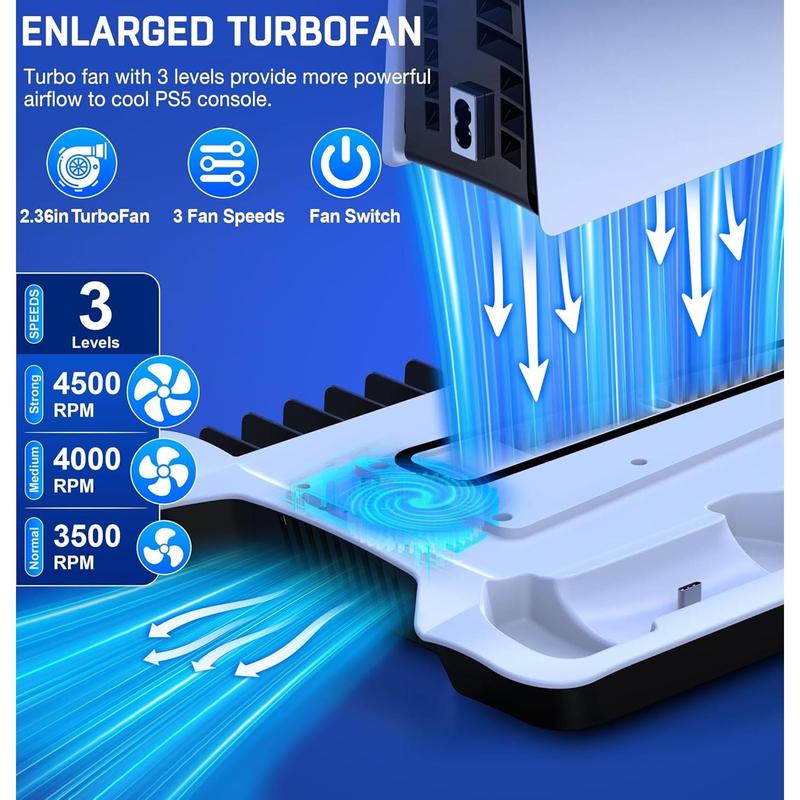 PS5 Slim Stand and Turbo Cooling Station with Dual Controller Charger Station for Playstation 5, PS5 Console Accessories with 3 Levels Cooling Fan 13-Game Organizer Headset Holder for PS5 Digital/Disc