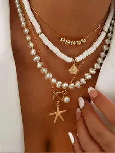 1 piece, Bohemian-style faux pearl starfish and shell decorative necklace, trendy jewelry for parties, everyday outfit accessory, fashionable and versatile beautiful birthday gift pendant necklace