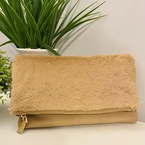 Fluffy Foldable Hand Clutch with Optional Crossbody Bag Chain Camel with Gold Accents Fashionable & Stylish Design