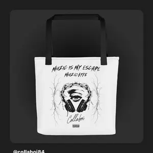 Collaboi Tote Bag - Music is My Escape Muziclyfe Design with Headphones and Eye Graphic