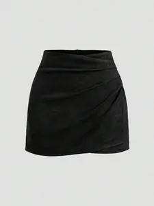 Suede Ruched Bodycon Short Skirt, High Waist Irregular Design, Slimming Leg Lengthening Fitted Fit, Casual Daily Wear Date Night, Womenswear