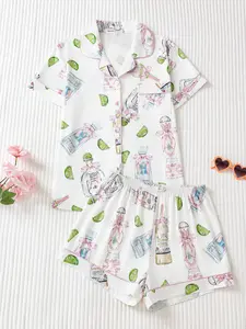 Women's 2-Piece Pajama Set, Lemon Bottle Full Print, Button Front Short Sleeve Top, Loose Comfortable Shorts, Elegant Sleepwear