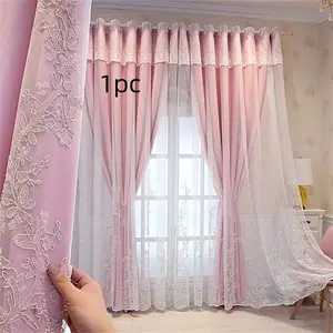 1pc Nordic Healing Style Full-Blackout Curtains, Floral Embroidery Lace Trim, Soft Breathable, Natural Texture, Perfect for Bedroom Office