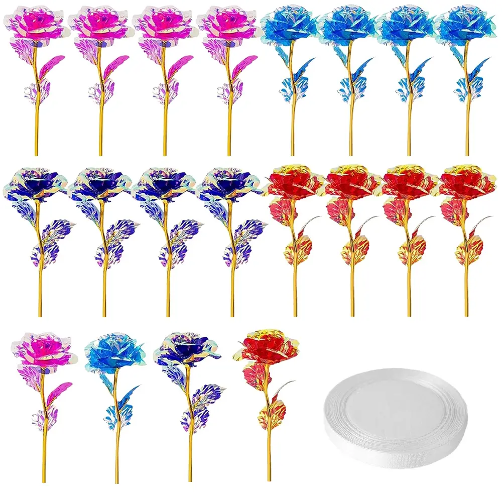 Multi-Colors Simulation Look Decorative Sparkling Roses Set (20-Piece) with 1 Roll of 22m Ribbon, Romantic Gift for Anniversary, Mother's Day, Home Decoration