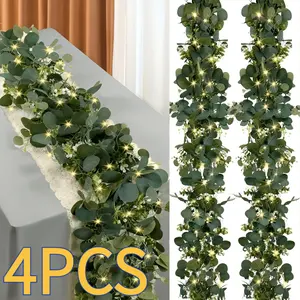 4PCS 6Ft Lighted Eucalyptus Wreath |   Green Floral Wreath Decoration, Artificial Simulated Eucalyptus Leaves Green Vines, Suitable for Dining Table, Wedding Centerpiece and Background Decoration, Powered by Dry Batteries[Batteries Not Included]