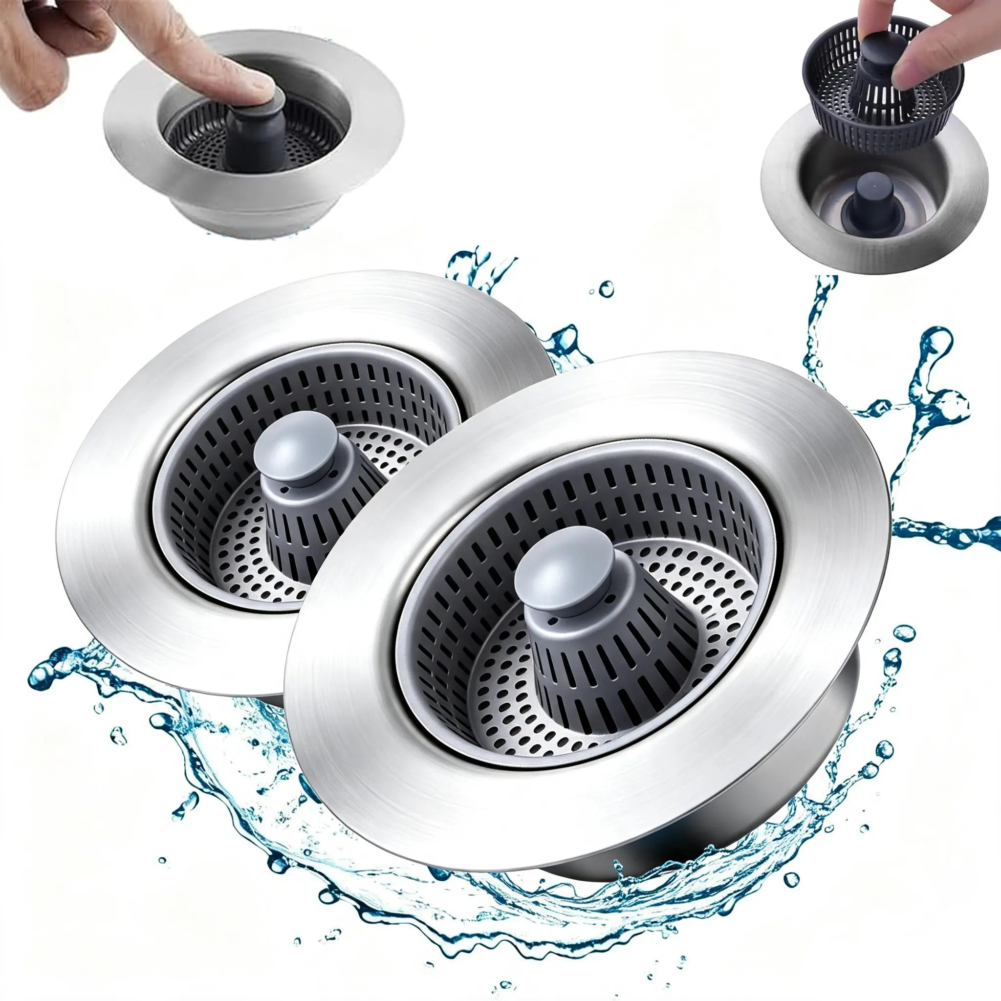 3-in-1 Compact Stainless Steel Pop-Up Drain Strainer - Bathroom Sink Stopper, Anti-Clog, Easy Push-On Operation, Odor-Proof Seal, 110mm Wide, Works for Kitchen and Bath