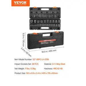 VEVOR Impact Socket Set 1/2 Inches 26 Piece Impact Sockets, Shallow Socket, 6-Point Sockets, Rugged Construction, CR-V, 1/2 Inches Drive Socket Set Impact Metric 10mm - 36mm, with a Storage Cage
