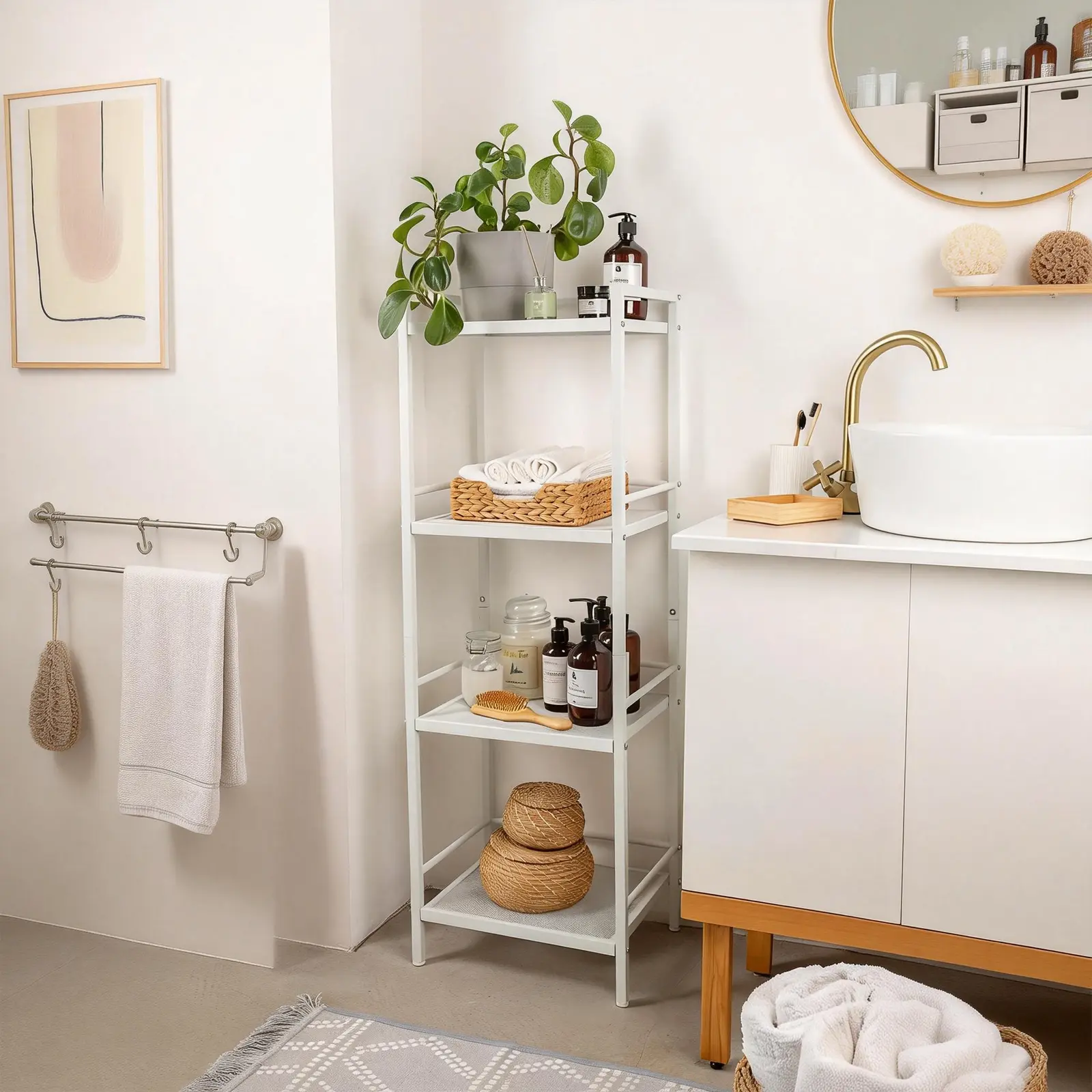 Garvee Heavy-Duty Freestanding Ladder Storage Shelf - 3-Tier Carbon Steel Metal Rack, Adjustable Shelves, Rust-Resistant, Narrow Space-Saving Organizer for Kitchen Pantry Bathroom Garage, Rustic White