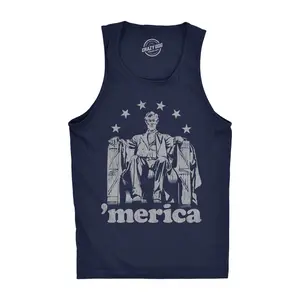 Mens Fitness Tank Abe Lincoln 'Merica Tanktop Funny 4th of July USA Patriotic Graphic Novelty Shirt Funny Workout Shirt for Men with Plus Sizes Patriotic Tank Top for Men Funny Political Sleeveless Tee Novelty Navy