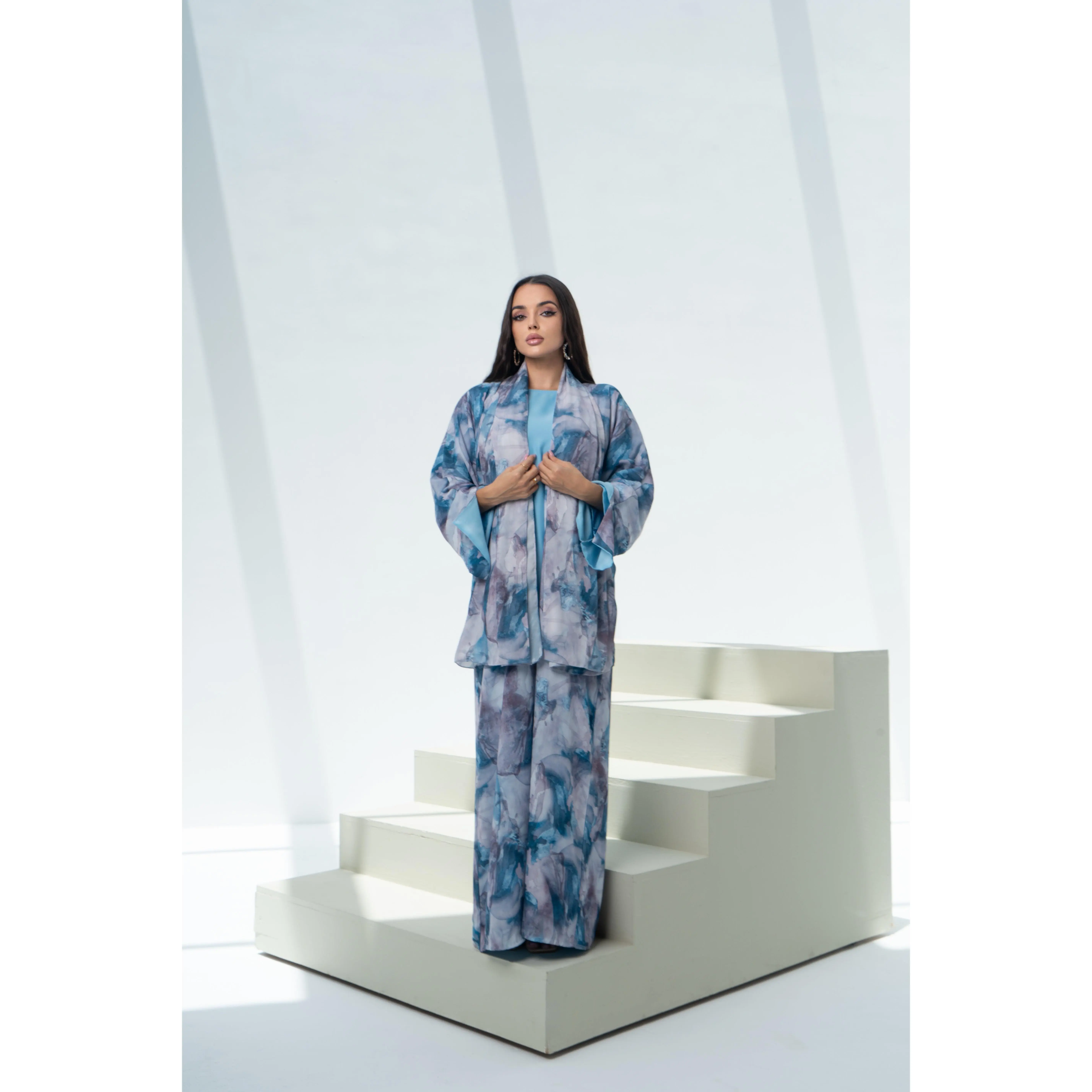 Crepe Print Abaya Set - Ocean Waves