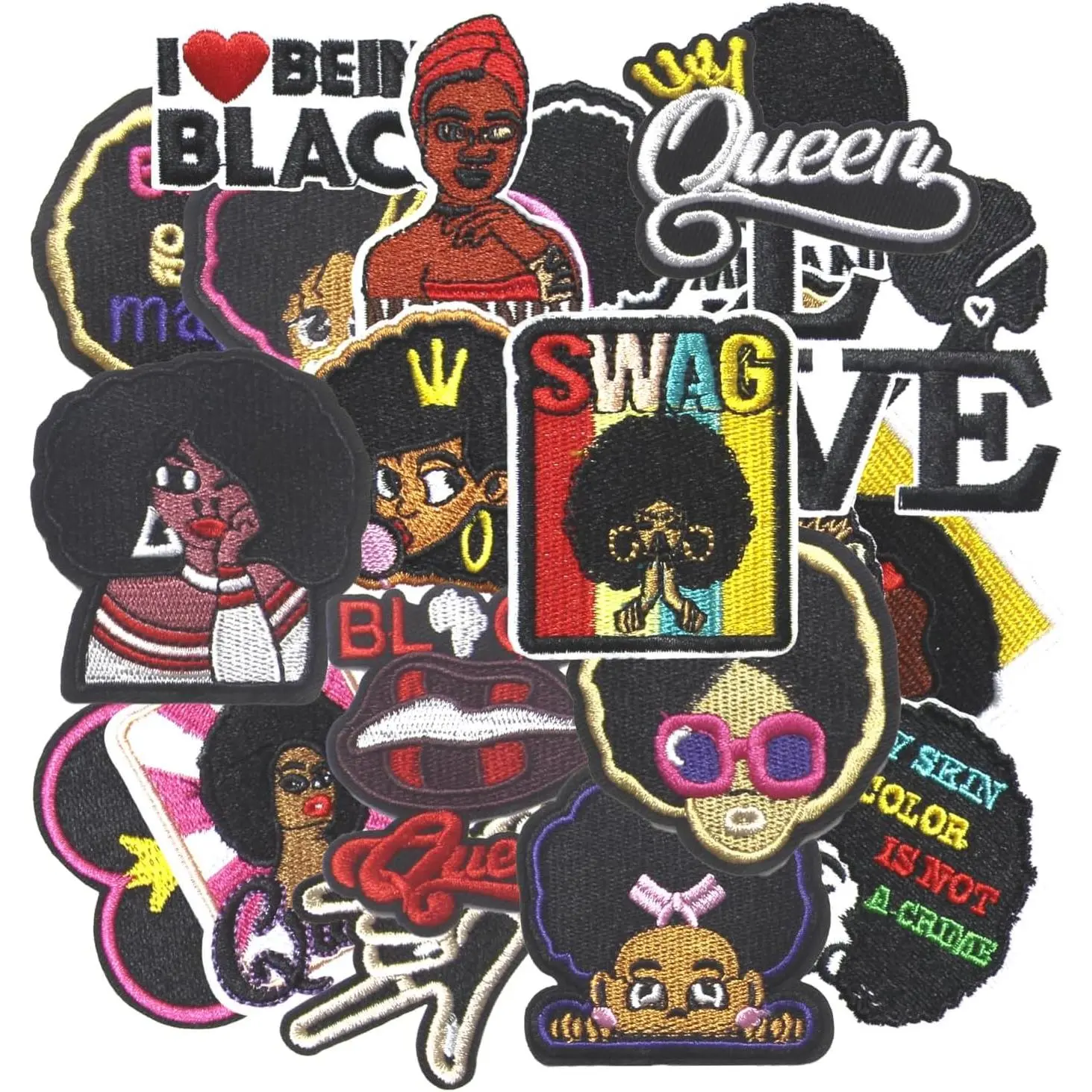 20-Count Synthetic Embroidered Iron-On Afro Themed Patches for Black Girls - Pride, Celebrate Individuality, Empowerment, Confidence for Clothes, Jeans Repair