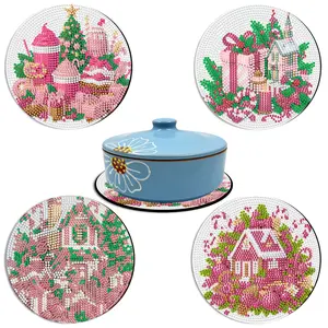 4-Piece Christmas Theme Diamond Painting Placemat Set, DIY Full Round Rhinestone Art, Wooden Table Mats for Dining & Tea, Home Decor