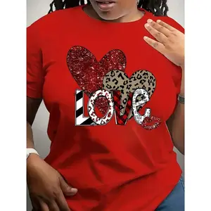 180g Plus Size Women's Red LOVE Pattern Printed T-Shirt - Glitter Heart and Leopard Design, Short Sleeve Round Neck Casual Top, Machine Washable, Comfortable for All Seasons