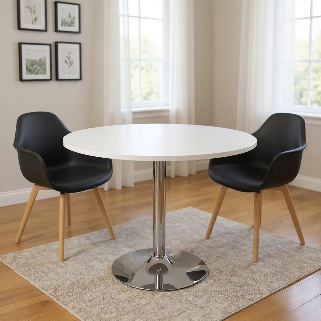 360-Degree Rotating Round Top Dining Table (Model 555181) - 36in, 35x35.5x35.5in, Seats 6, Modern Contemporary Indoor Furniture, 2-Tone Black & Silver Wood-Metal Pedestal Base, Wood Dust, Space Saving, Assembly Required, Entertaining, Conversation Meals