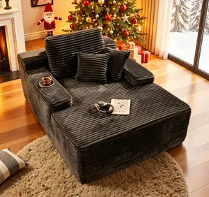 Boneless Chaise Lounge Upholstered Sofa Bed with Cup Holder and Throw Pillows, 48.42" Deep, Soft Corduroy, No Assembly Required, Indoor Sleeper Chair