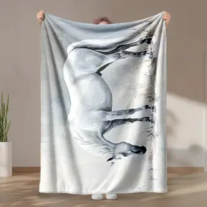 1 piece A realistic scene of a white horse lowering its head to graze. themed flannel blanket - Modern geometric pattern flannel sofa blanket, suitable for beds and sofas, all-season multi-purpose use, super soft and comfortable, digital printing