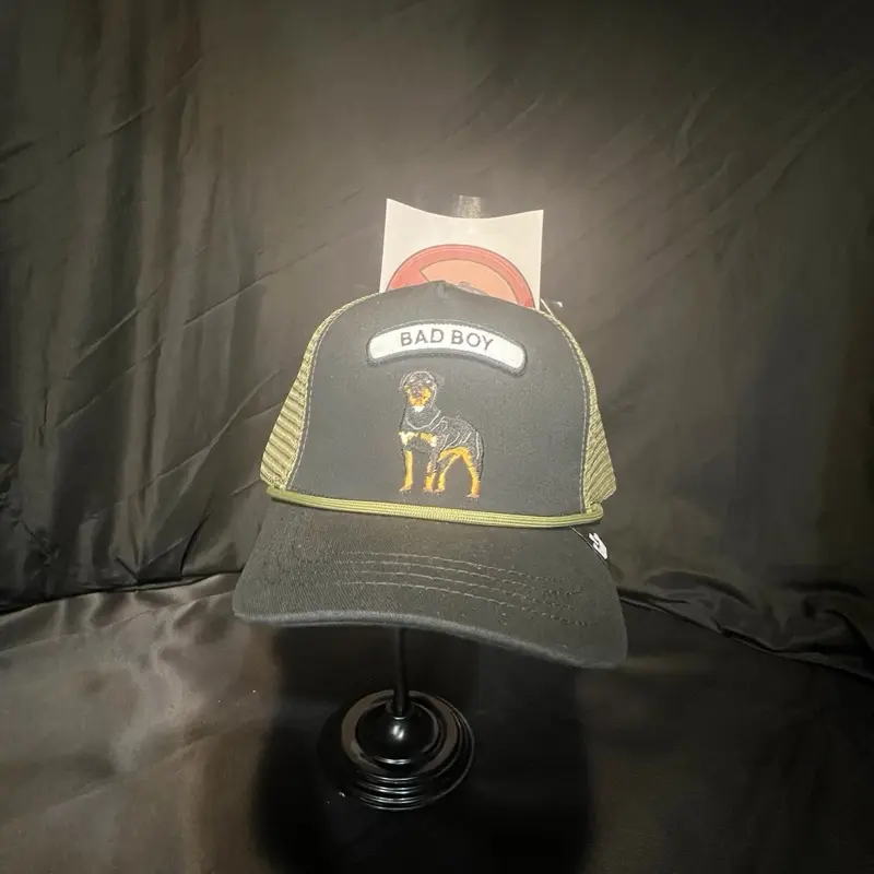 Bad Boy Rottweiler Black & Olive Trucker Cap with Embroidered Dog Design and "BAD BOY" Text